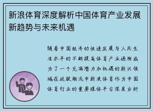 新浪体育深度解析中国体育产业发展新趋势与未来机遇